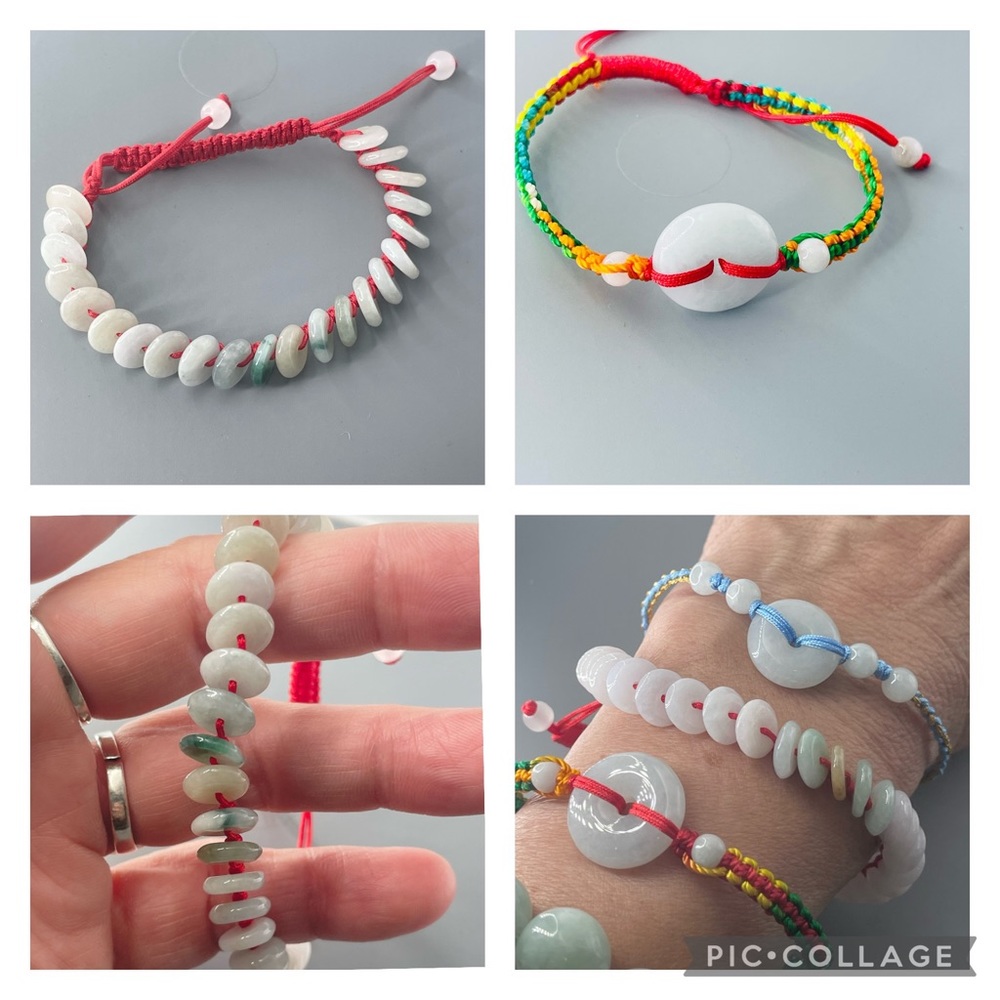 Natural one or multiple jade donuts red rope bracelets, unisex jade bracelets.